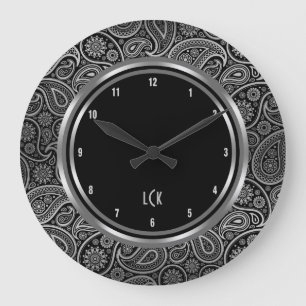 Elegantes Schwarz-Silber-Paisley-Kreis-Rahmen Große Wanduhr