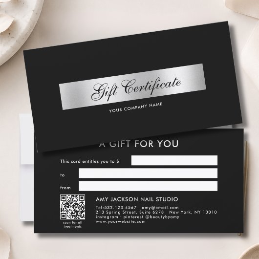 Elegantes Schwarz-Silber-QR-Code-Geschenkgutschein