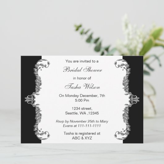 Elegantes, schwarz-silbergraues Brautparty Einladung (Stehend Vorderseite)