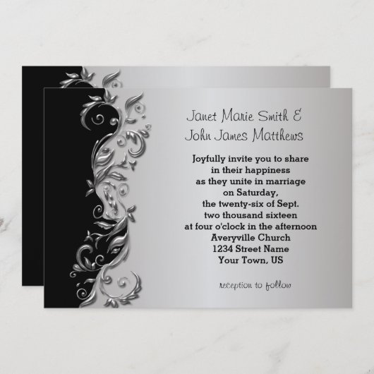 Elegantes Schwarz & Silver Floral Wedding Design Einladung (Vorne/Hinten)
