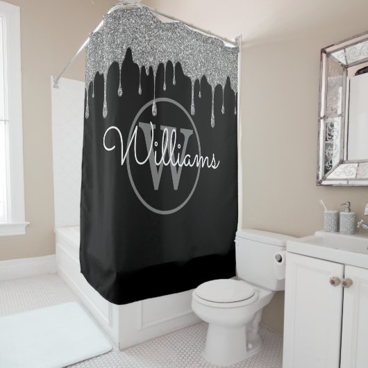 Elegantes Schwarz-Silver-Glitzer-Tropfen Monogramm Duschvorhang (Beispiel)