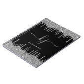 Elegantes Schwarz-Silver-Glitzer-Tropfen Monogramm Notizblock (Linke Seite)