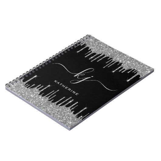Elegantes Schwarz-Silver-Glitzer-Tropfen Monogramm Notizblock (Linke Seite)