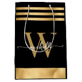 Elegantes Schwarz-Streifen Monogram-Girly-Script Mittlere Geschenktüte (Vorderseite)