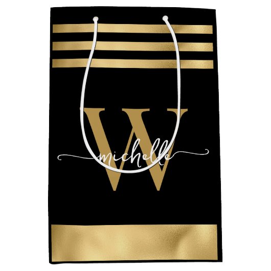 Elegantes Schwarz-Streifen Monogram-Girly-Script Mittlere Geschenktüte (Vorderseite)