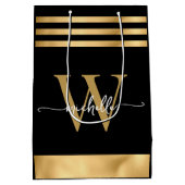 Elegantes Schwarz-Streifen Monogram-Girly-Script Mittlere Geschenktüte (Rückseite)