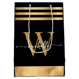 Elegantes Schwarz-Streifen Monogram-Girly-Script Mittlere Geschenktüte