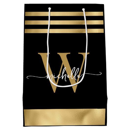 Elegantes Schwarz-Streifen Monogram-Girly-Script Mittlere Geschenktüte (Rückseite)