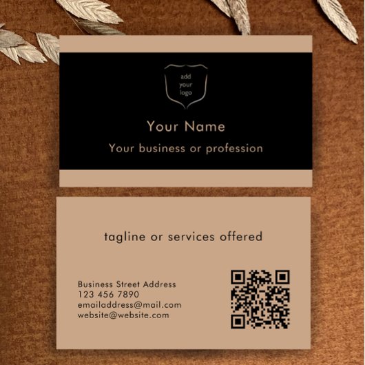 Elegantes Schwarz-Tan-Logo-QR-Code Professional Visitenkarte