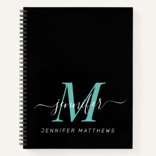 Elegantes Schwarz-Teal Personalisiertes Monogramm  Notizblock
