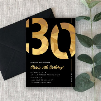 Elegantes Schwarz und Gold 30. Geburtstag Party Einladung