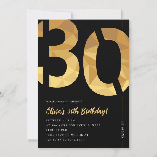 Elegantes Schwarz und Gold 30. Geburtstag Party Einladung (Vorderseite)