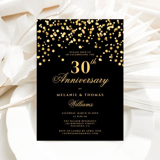Elegantes Schwarz und Gold 30. Hochzeitstag Einladung