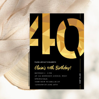 Elegantes Schwarz und Gold 40. Geburtstagsfeier Pa Einladung