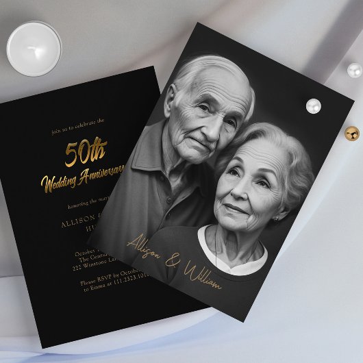 Elegantes Schwarz und Gold: 50. Hochzeitstag Einladung