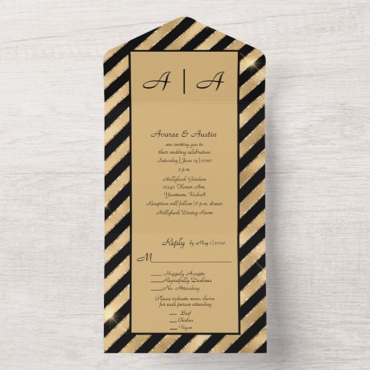 Elegantes Schwarz und Gold auf einer Hochzeit All In One Einladung (Innen Boden)