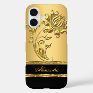 Elegantes Schwarz und Gold auf Gold-Blume iPhone 16 Hülle
