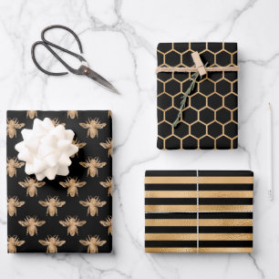 Elegantes Schwarz und Gold Biene Thema  Geschenkpapier Set