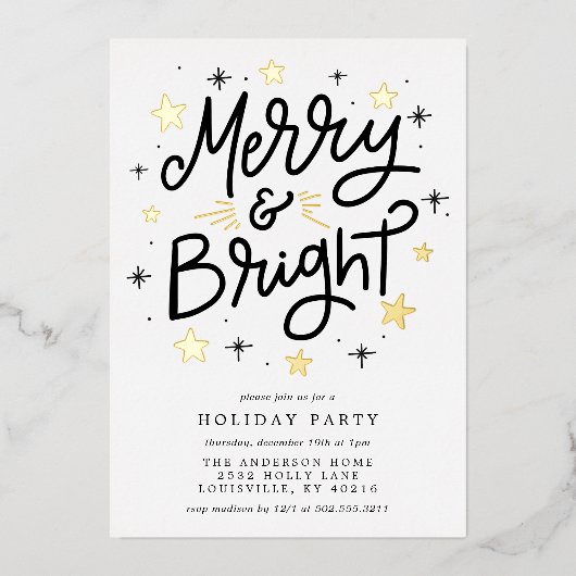 Elegantes Schwarz und Gold gestreift Merry and Bri Folieneinladung (Vorderseite)