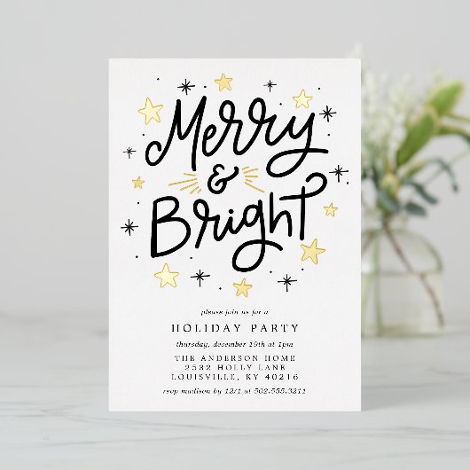 Elegantes Schwarz und Gold gestreift Merry and Bri Folieneinladung (Stehend vorne)