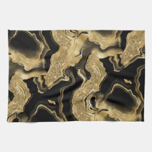 Elegantes Schwarz- und Gold-Glitter-Achat-Muster Geschirrtuch