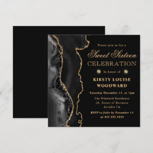 Elegantes Schwarz und Gold Glitter Agate Sweet Six Einladung