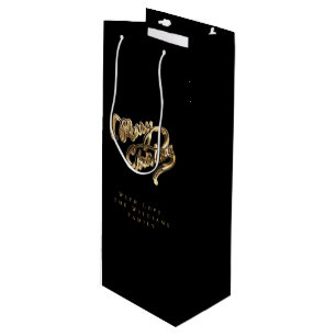 Elegantes Schwarz und Gold Look Script Frohe Weihn Geschenktüte Für Weinflaschen