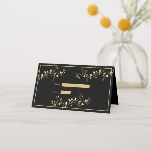 Elegantes Schwarz und Gold Platzkarte (Vorderseite)