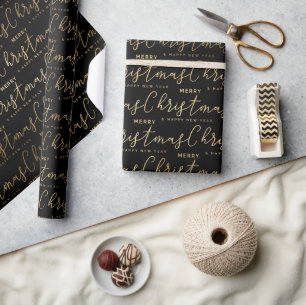 Elegantes Schwarz und Gold Schrift Frohe Weihnacht Geschenkpapier