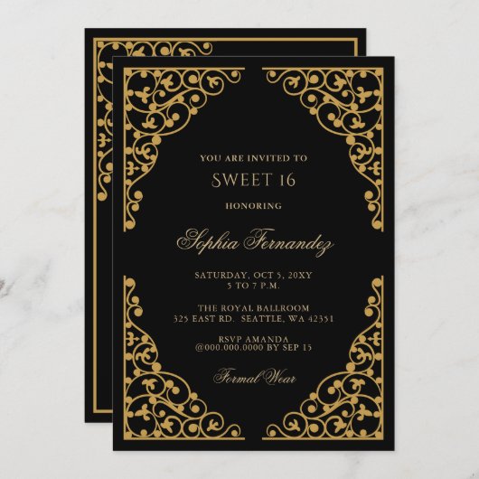 Elegantes Schwarz und Gold Sweet 16 Einladung (Vorne/Hinten)