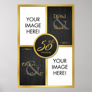 Elegantes Schwarz und Gold Then & Now 50. Jubiläum Poster
