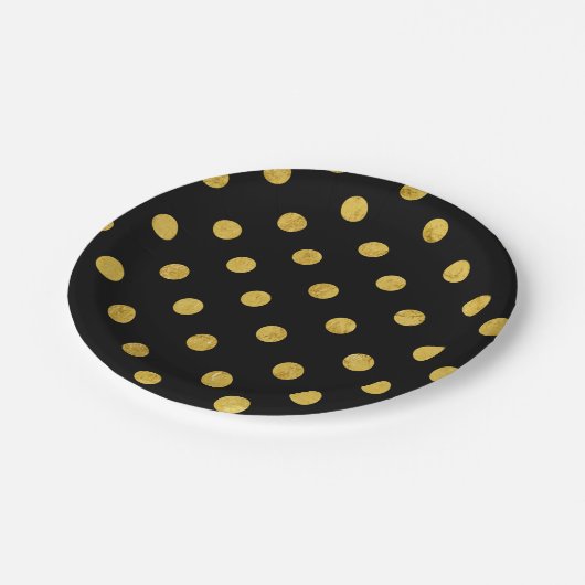 Elegantes Schwarz-und Goldfolien-Tupfen-Muster Pappteller (Schrägansicht)