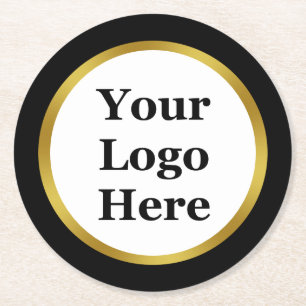Elegantes Schwarz und Imitat Gold Border Your Logo Runder Pappuntersetzer