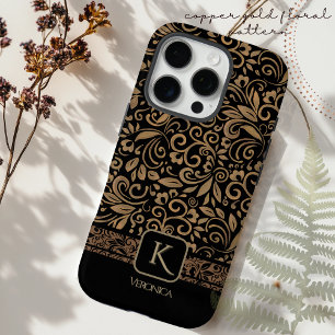 Elegantes Schwarz- und Kupfer-Gold-Blumenmonogramm iPhone 16 Pro Hülle