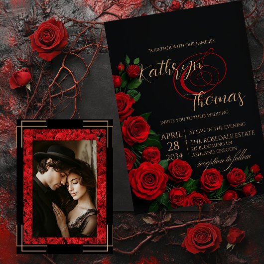 Elegantes Schwarz und Rote Rosen Einladung Hochzei