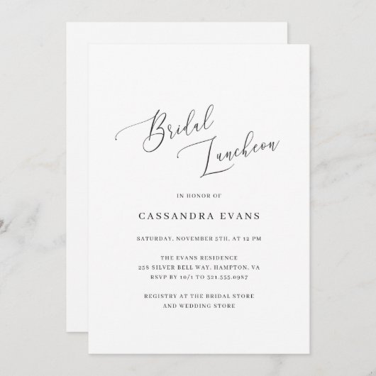 Elegantes Schwarz und Weiß Einfache Bridal Luncheo Einladung (Vorne/Hinten)