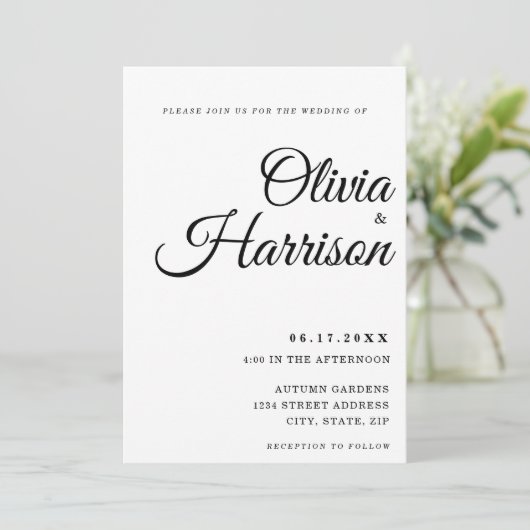 Elegantes Schwarz und Weiß in einer Hochzeit Einladung (Stehend Vorderseite)