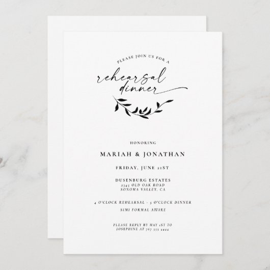 Elegantes Schwarz-Weiß-Abendessen mit botanischer  Einladung (Vorne/Hinten)