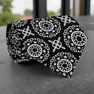 Elegantes Schwarz-Weiß-Barock-Mandala-Muster Krawatte