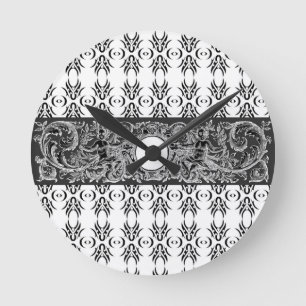 Elegantes schwarz weiß Barockmuster zur Individual Runde Wanduhr