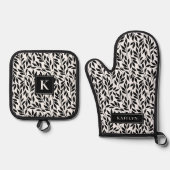 Elegantes Schwarz-Weiß-Blätter-Muster Ofenhandschuh & Topflappen-Set (Vorderseite)