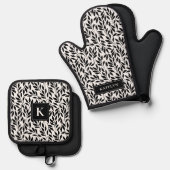 Elegantes Schwarz-Weiß-Blätter-Muster Ofenhandschuh & Topflappen-Set (Vorderseite/Rückseite)