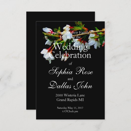 Elegantes, Schwarz-weiß blühendes weißes Blossom Einladung (Vorne/Hinten)