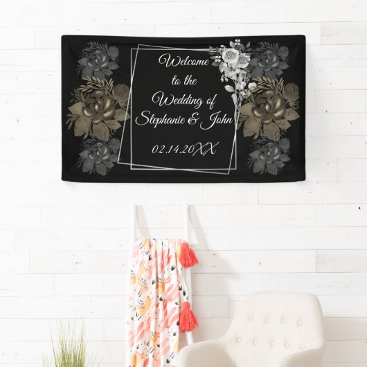 Elegantes Schwarz-Weiß-Blumen-Hochzeitsbanner Banner (Insitu)