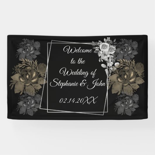 Elegantes Schwarz-Weiß-Blumen-Hochzeitsbanner Banner (Horizontal)