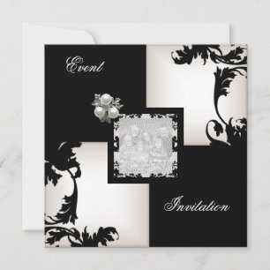 Elegantes Schwarz-Weiß-Blumen-Karo-Perlen-Schmuck Einladung