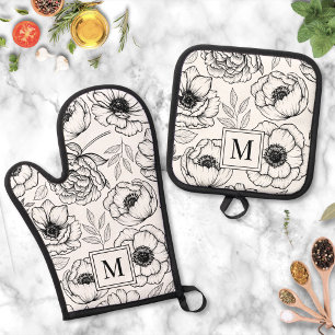 Elegantes Schwarz-Weiß-Blumen-Monogramm Ofenhandschuh & Topflappen-Set