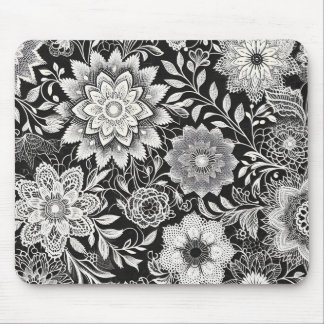 Elegantes Schwarz-Weiß-Blumen-Spitzenmuster Mousepad