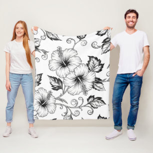 Elegantes Schwarz-Weiß-Blumenlinien-Kunstmuster (3 Fleecedecke