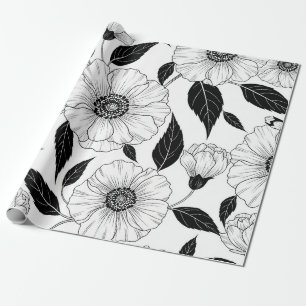 Elegantes Schwarz-Weiß-Blumenlinienkunstmuster (1) Geschenkpapier